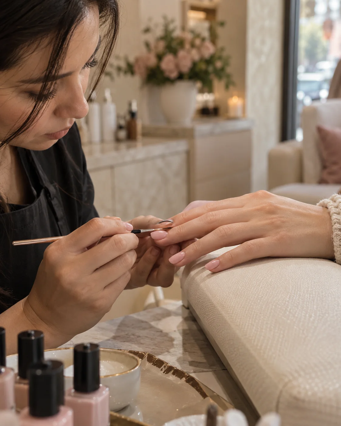 Nail technician carefully finishing a client's manicure