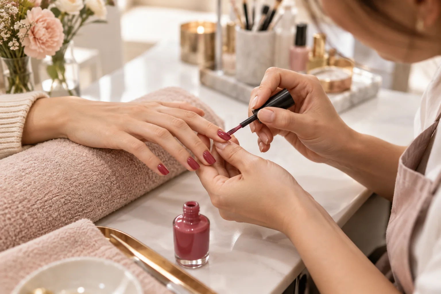 Nail technician applying rose polish